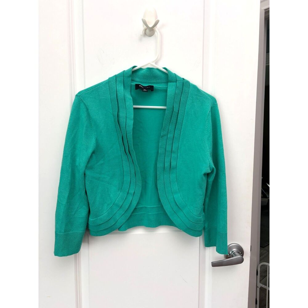 RN Studio Green Open Front Cropped Cardigan Shrug Pleated Trim Womens XL Classic